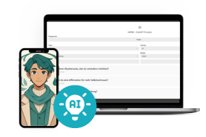 Profilbild, Porträt von Validis, der emphatischen KI für individuelle Affirmationen mit Tiefe, von Gabi Golling. Im Hintergrund ein Tablet und das Symbol AI. Porträt KI-generiert.