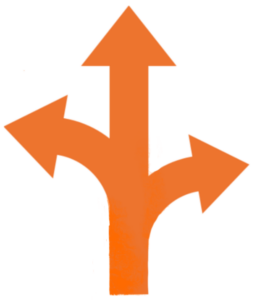 oranger Pfeil mit Abbiegungen nach links und recht sowie geradeaus, um Flexibilität zu symbolisieren