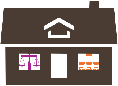 grafische Darstellung eines Hauses als Symbol für Beständigkeit - in den Fenstern ist eine Waage und ein Organigram abgebildet