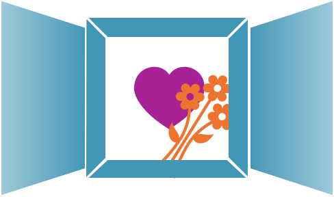 symbolische Darstellung für Offenheit - ein offenes Fenster in dem ein Herz und Blumen abgebildet sind