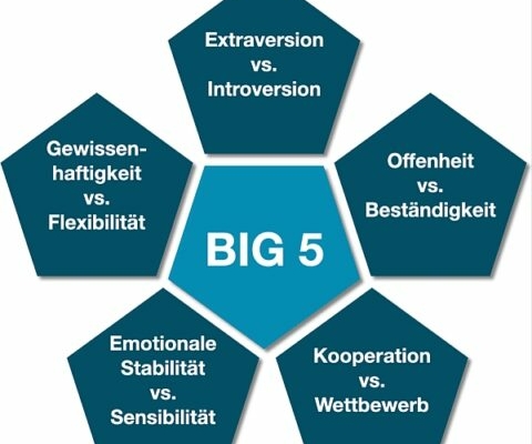 Grafische Darstellung der Big Five Persönlichkeitsdimensionen Extraversion Offenheit Kooperation Emotionale Stabilität Gewissenhaftigkeit in der Mitte steht Big 5