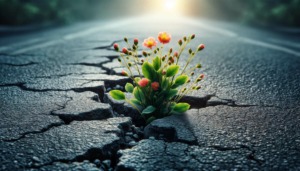 Durchbruch des Vertrauens: Eine zarte Pflanze, die aus einem Riss im Asphalt emporwächst, symbolisiert die Kraft und das Potenzial des Vertrauens, selbst unter den härtesten Bedingungen zu gedeihen. Ein inspirierendes Bild der Überwindung von Hindernissen und der Hoffnung auf Neubeginn, selbst in den schwierigsten Momenten des Lebens