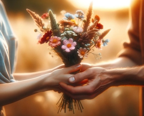 Bereit, Vertrauen zu pflanzen: Ein Blumenstrauß als Symbol für den Beginn einer Reise des Vertrauens und der Verbundenheit. Jede Blume repräsentiert eine Chance für Wachstum und Blüte in unseren Beziehungen. Ein Akt der Zuneigung und Hoffnung, der die Grundlage für tiefe Verbindungen legt.